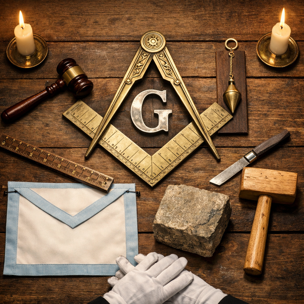 Traditional Masonic tools displayed as symbols of discipline, structure, and inner work.