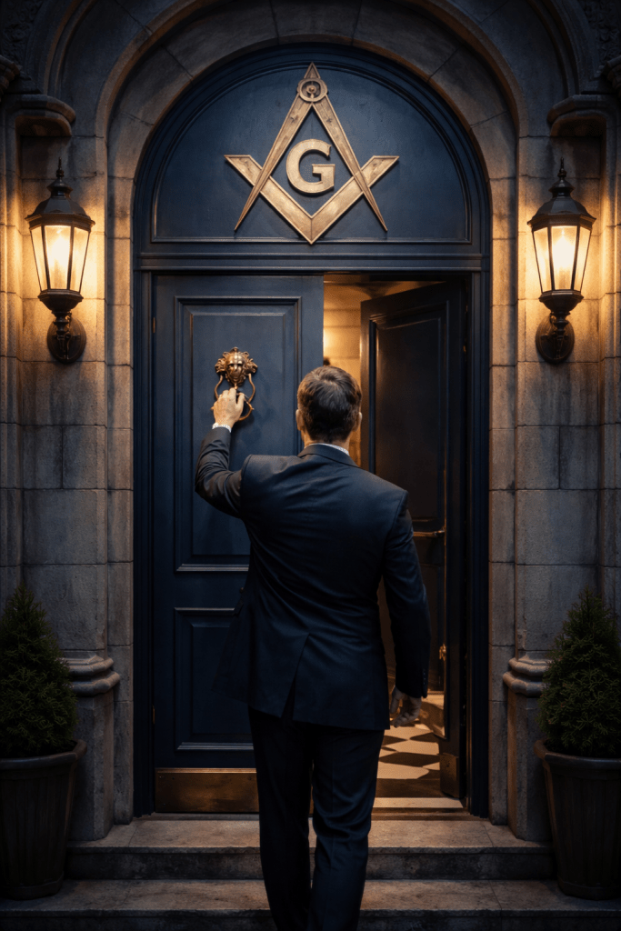 A man before a door, suggesting inquiry, threshold, and the beginning of a deeper search.